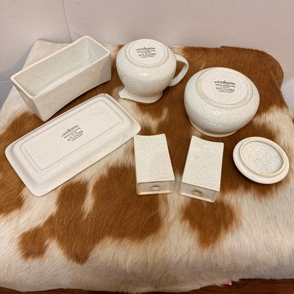 VTG Mikasa Natural Beauty C9000  Stoneware Butter Dish Creamer Sugar Set Japan